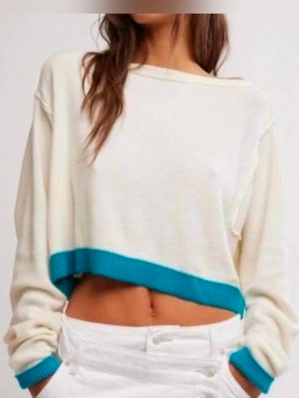 Free People Cream and Blue Cropped Sweater NWT